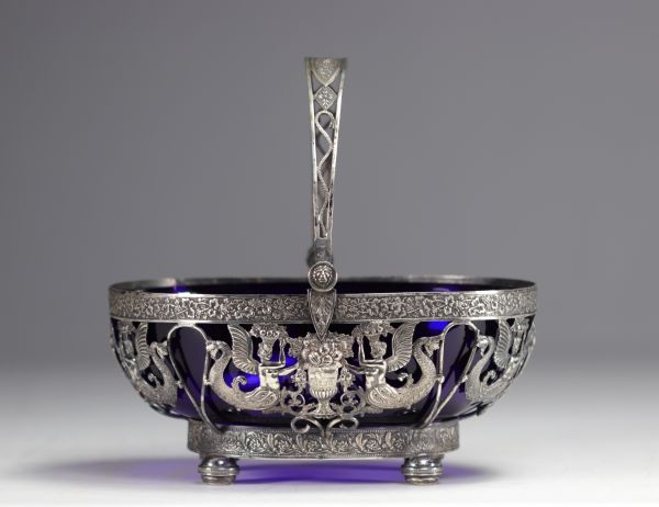 Empire style silver openwork basket, cobalt blue glass bowl, 19th century.