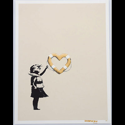 Banksy (after) Post Modern Vandal Full color screenprint Girl with heart shaped float certificate of authenticity hand signed