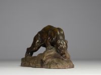 Armand FAGOTTO (19th-20th century) ‘Lionne s'abreuvant’ Sculpture in patinated terracotta, 19th-20th century, signed.