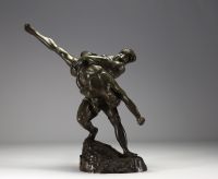 Jeff LAMBEAUX ( 1852-1908) Attr. to ‘Les Lutteurs’ Sculpture in bronze with green patina, unsigned.