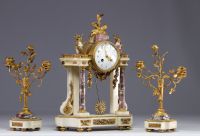 Louis XVI style portico clock and candlesticks in Carrara marble and gilt bronze