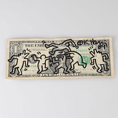 Keith HARING (1958-1990) Signed and dated black marker drawing on a 1988 dollar banknote.