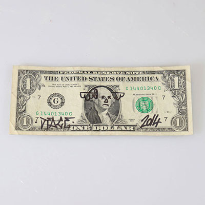 D * Face - One Dollar Bill, 2014 Black marker on U.S. One dollar bill. Hand signed by the artist