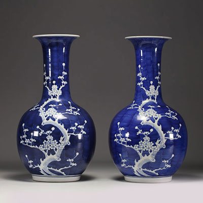 China - Pair of blue-white porcelain vases with prunus decoration, late 19th century.