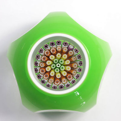 Baccarat green and white double overlay paperweight with Baccarat cachet millefiori mushroom