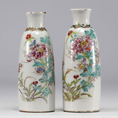 Pair of Famille Rose porcelain vases with floral decoration on a white background