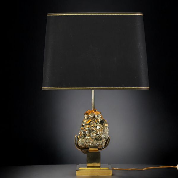 Willy DARO (XX) - Lampe en laiton et quartz, abat jour noir d'origine, vers 1970-80.