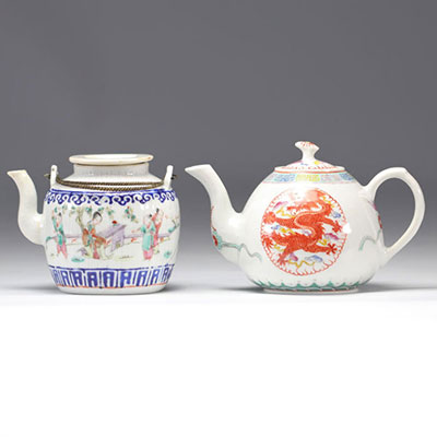 (2) Famille Rose porcelain teapots decorated with dragons and figures