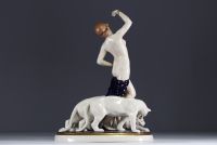 Royal Dux - ‘Young nude dancer surrounded by panthers’ Polychrome porcelain sculpture, mark under the piece.