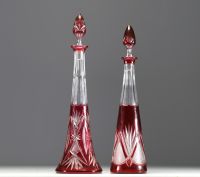 Val Saint Lambert - Set of two Art Deco decanters in red lined and cut crystal.