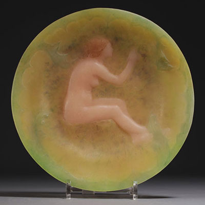 Amalric WALTER (1870-1959) Glass paste dish decorated with a nude woman, signature in the decoration.