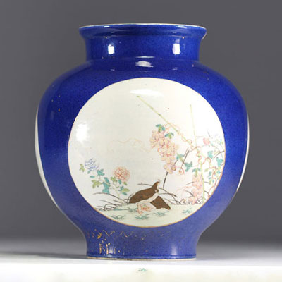 Chine - Vase en porcelaine polychrome, fond bleu poudré à décor d'oiseaux et de fleurs en cartouche, époque Qing, XVIIIème