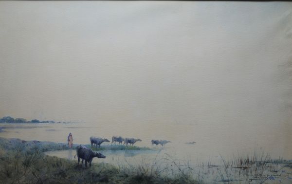 Nestor OUTER (1865-1930) ‘Buffalo herd at Lake Manzallah, Egypt’ watercolor, signed and titled.