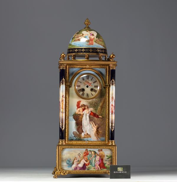 VIENNA - Imposing architectural clock in the form of a temple surmounted by a dome, polychrome porcelain with antique-style figures, bronze mounting.