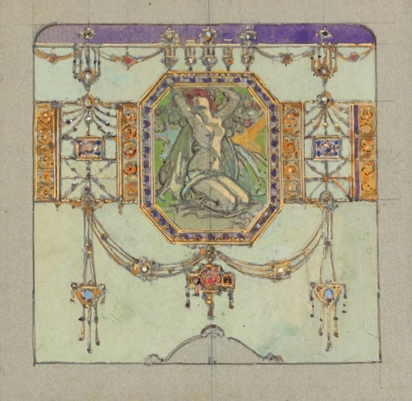 Emile BERCHMANS (1867-1947) attr. à - Étude pour collier Art Nouveau, crayon et aquarelles sur papier, vers 1900.