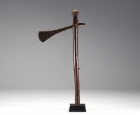 DRC - Adze with wooden handle carved with a head, worked iron blade.