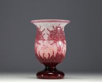 Le Verre Français - Acid-etched multi-layered glass vase decorated with rhododendrons, signed.