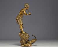 Léon HINGRE (1860-1926) ‘Le charmeur de serpent’ Bronze with golden patina, signed, foundry stamp ‘Louchet, Ciseleur, Paris’.