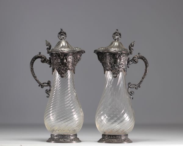 WMF, set of two twisted glass decanters, silver-plated metal frame.