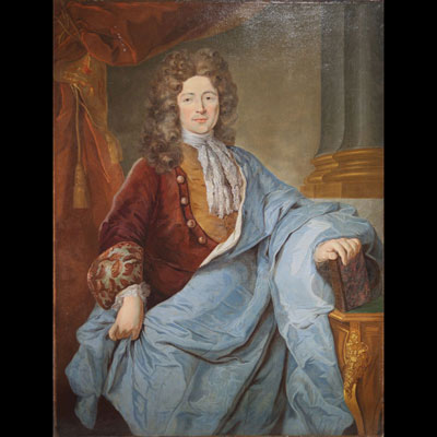 Imposant portrait de noble, huile sur toile d'époque fin XVII début XVIIIème, étiquette au dos 