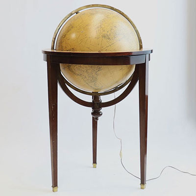 GIRARD & BARRERE, Paris - Luminous glass globe, tripod mahogany base, zodiac signs on wooden belt, circa 1930