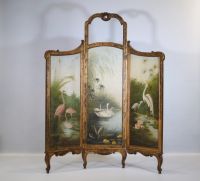 Three-leaf screen decorated with oil paintings of waders, swans, egrets and pink flamingos, late 19th century.