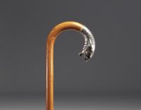 Art Deco silver cane with panther head motif, glass eyes, hallmark 800, Switzerland.