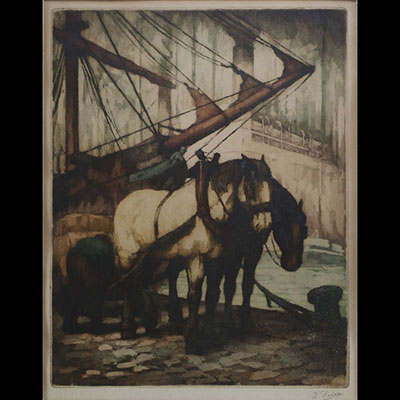 Kurt PEISER (1887-1962) ‘Draft Horses on the Harbour’ Colour lithograph, signed and countersigned in the margin.