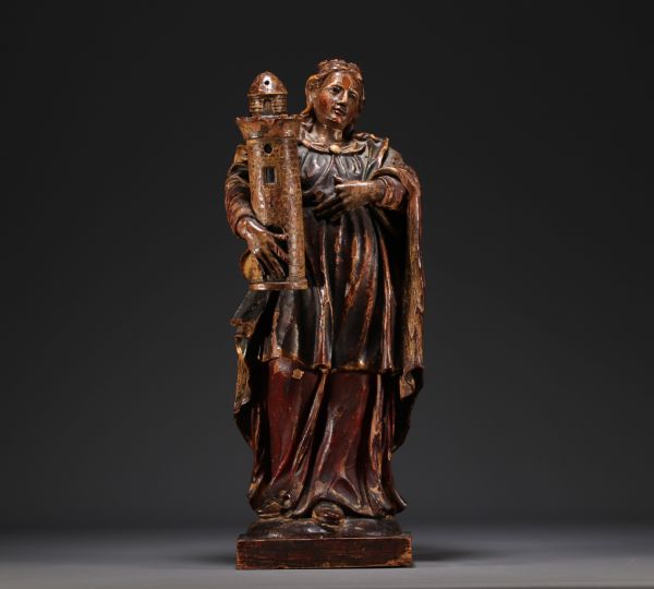 Statue de Sainte-Barbe - Sculpture en bois polychrome d'époque XVIIIe siècle.