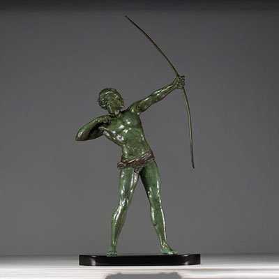 Jean DE RONCOURT (19th-20th century) ‘The Archer’ Large Art Deco sculpture in green patina regula on black marble base, circa 1930.