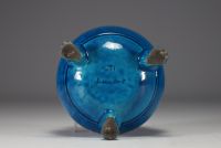 Pol CHAMBOST (1906-1983) Blue glazed ceramic tripod vase, signed underneath.