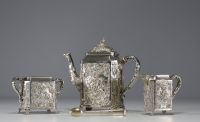 Solid silver service consisting of four pieces, hallmarked 800 and half-moon crown, late 19th century.