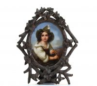 Guido RENI (1575-1642) d'après - Paire de peintures sur porcelaine KPM Berlin, portrait de Béatrice Cenci, cadre en bois de la forêt noire, époque XIXe siècle.