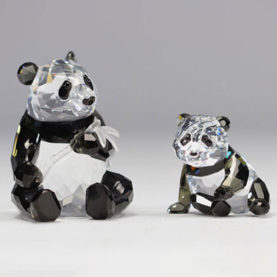 (2) SWAROVSKI two mother pandas and her young in coloured crystal