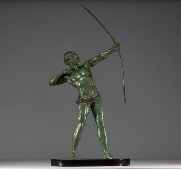 Jean DE RONCOURT (19th-20th century) ‘The Archer’ Large Art Deco sculpture in green patina regula on black marble base, circa 1930.