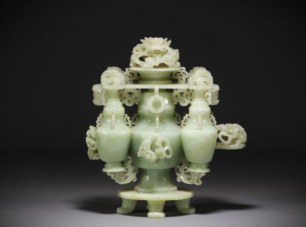 China - Large jade sculpture of covered pots decorated with dragons.