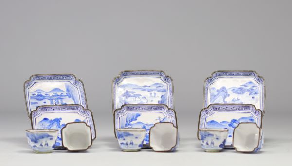 China - set of cloisonné trays and goblets with white-blue decoration of rural scenes and figures, Qing period.