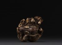 Japan - Ivory and black coral netsuke representing a group of six rats, Meiji. Signed.