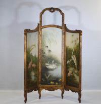 Three-leaf screen decorated with oil paintings of waders, swans, egrets and pink flamingos, late 19th century.