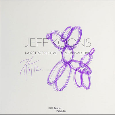 Jeff Koons, Attributed To - Balloon Dog Drawing in purple pen on a book page framed under glass. Hand signed.