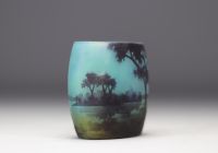 DAUM Nancy - Small vase in acid-etched multi-layered glass decorated with a lake landscape.