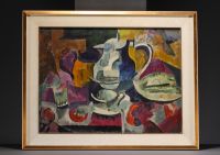 Composition cubiste, nature morte, huile sur toile non signée, vers 1940.