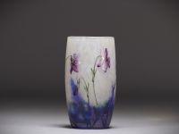 DAUM Nancy - Small enamelled multi-layered glass vase with violets design, signed.