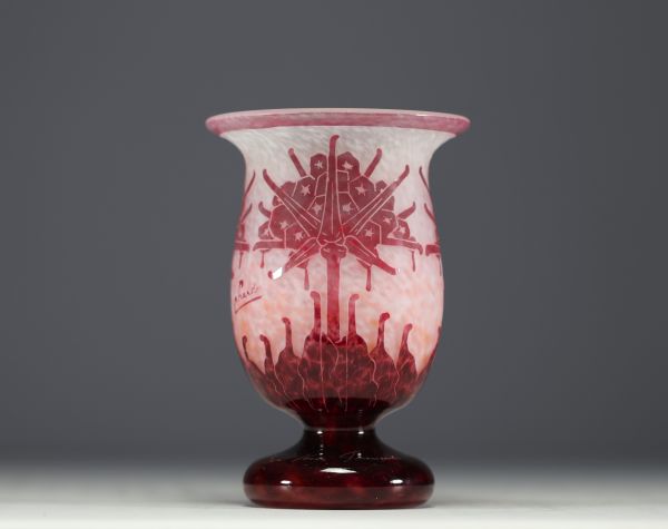 Le Verre Français - Acid-etched multi-layered glass vase decorated with rhododendrons, signed.