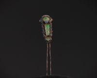 China - Cloisonné enamel and green jade hairpin with feather design, Qing period.