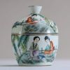 China - Covered polychrome porcelain pot decorated with courtesans and a poem.