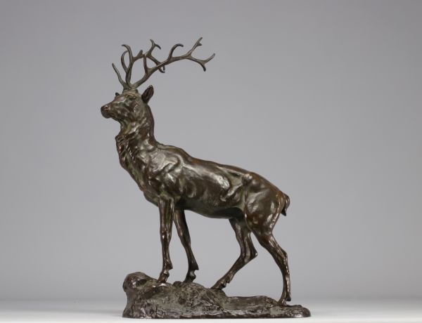 Pierre-Jules MÈNE (1810-1879) Bronze stag with brown and green patina, signed.