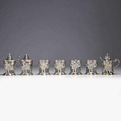 Set of solid silver saltcellars and mustard pots, French work from the 19th century.