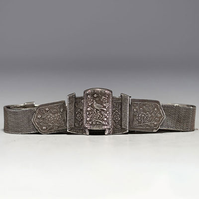 China - Vietnam - Beautiful solid silver belt with bird and flower decoration, 19th-20th century.