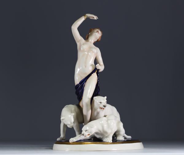 Royal Dux - ‘Young nude dancer surrounded by panthers’ Polychrome porcelain sculpture, mark under the piece.